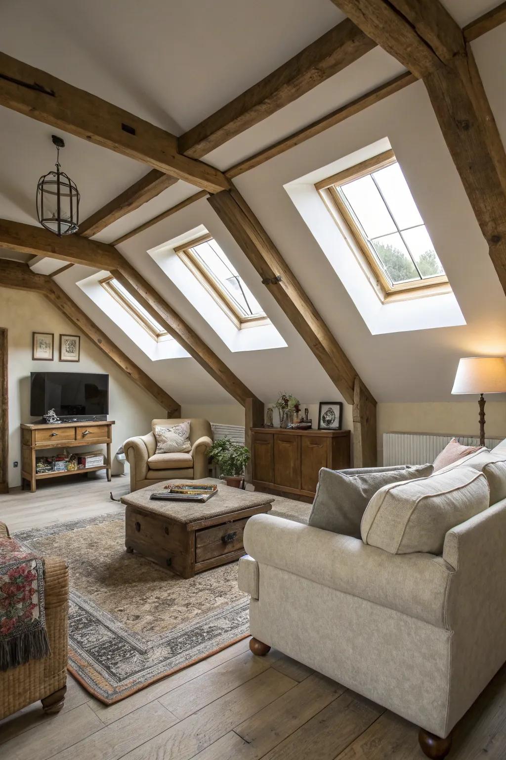 An attic transformed into a radiant abode replete with skylights.