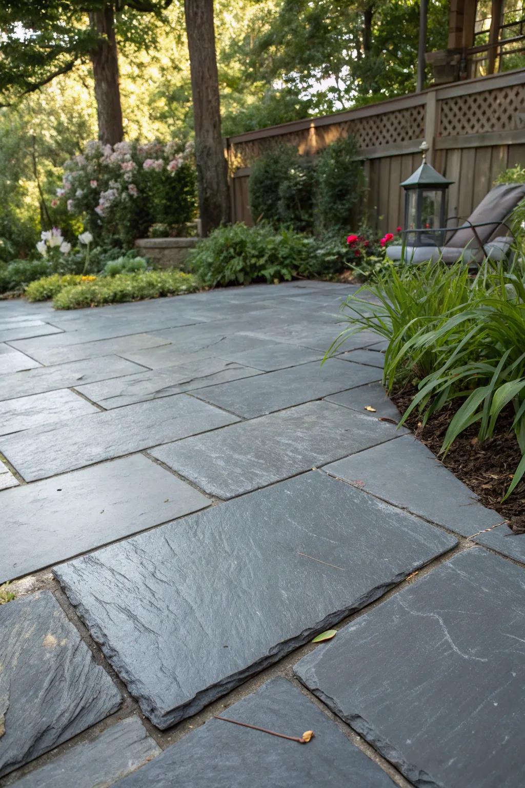 An eco-friendly slate patio using recycled materials.