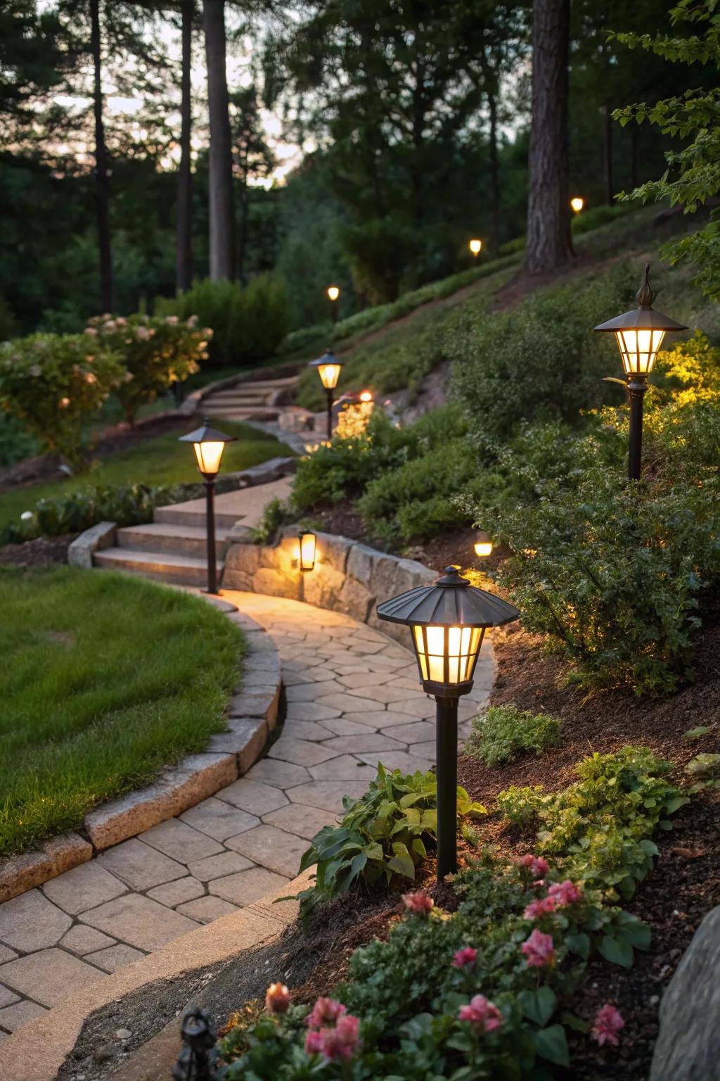 Solar lighting illuminates paths in a sustainable manner on sloped terrains.