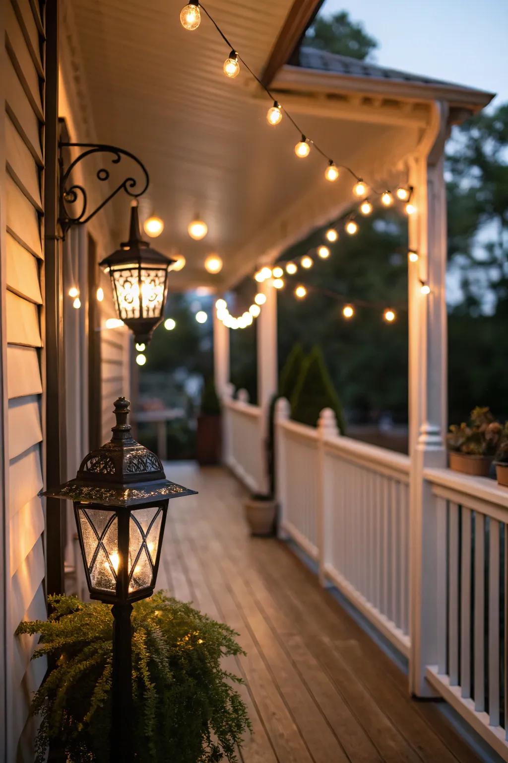 Layered illumination fashions a warm ambiance on a modest veranda.