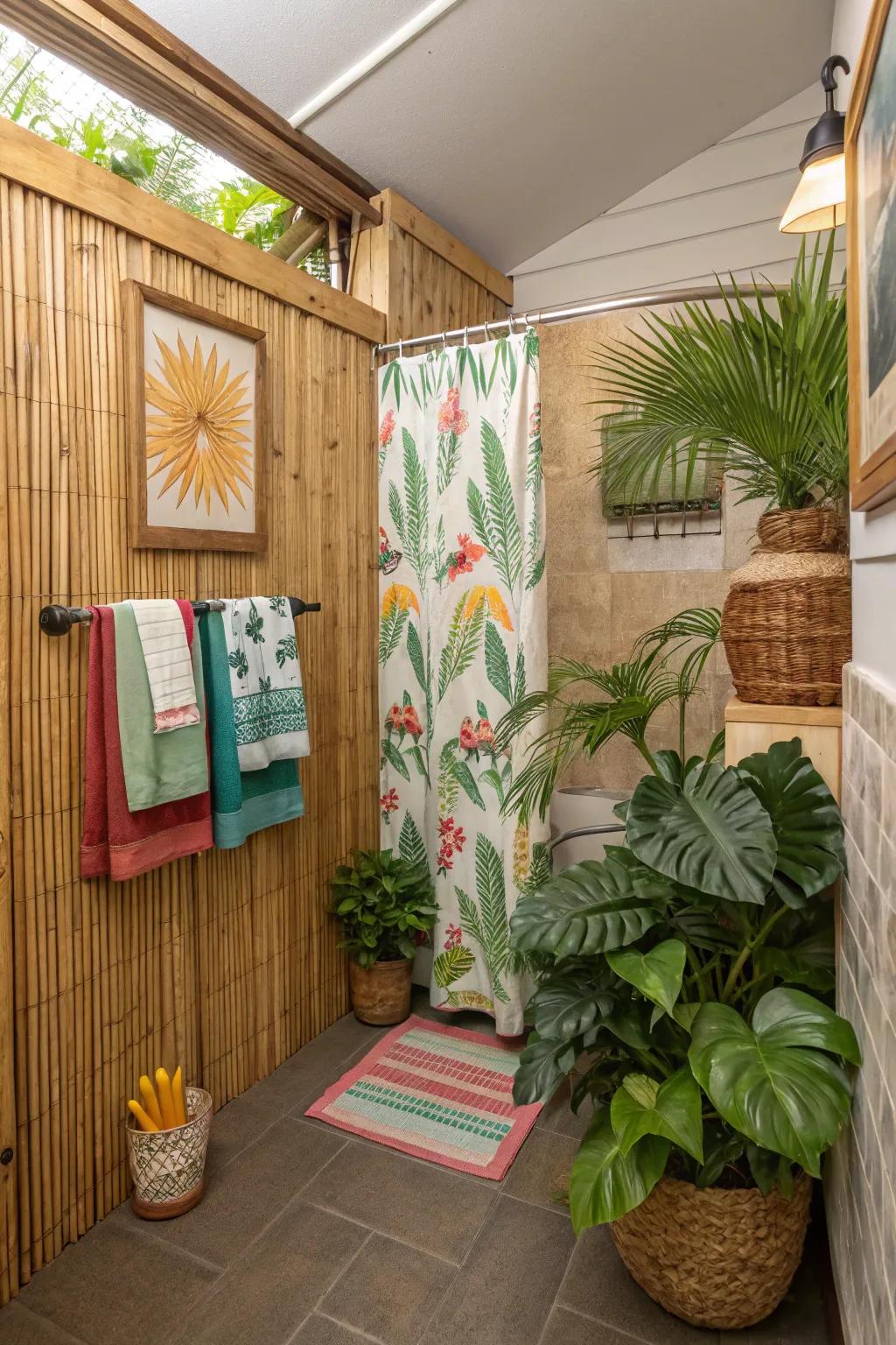Bamboo panels are displayed in a compact bathroom, enhancing an eco-conscious and soothing atmosphere.