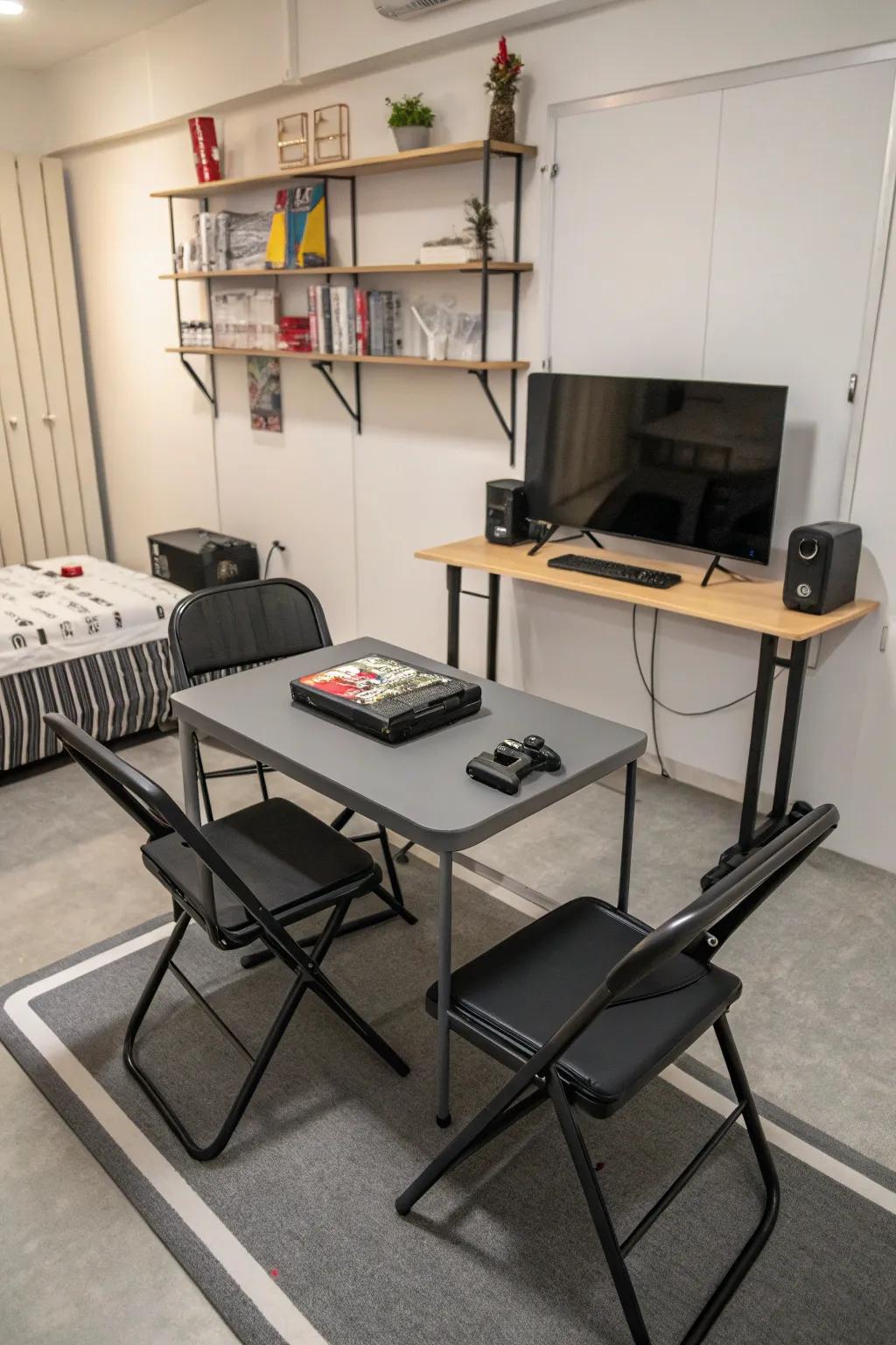 Collapsible furniture offers adaptability within a small gaming space.