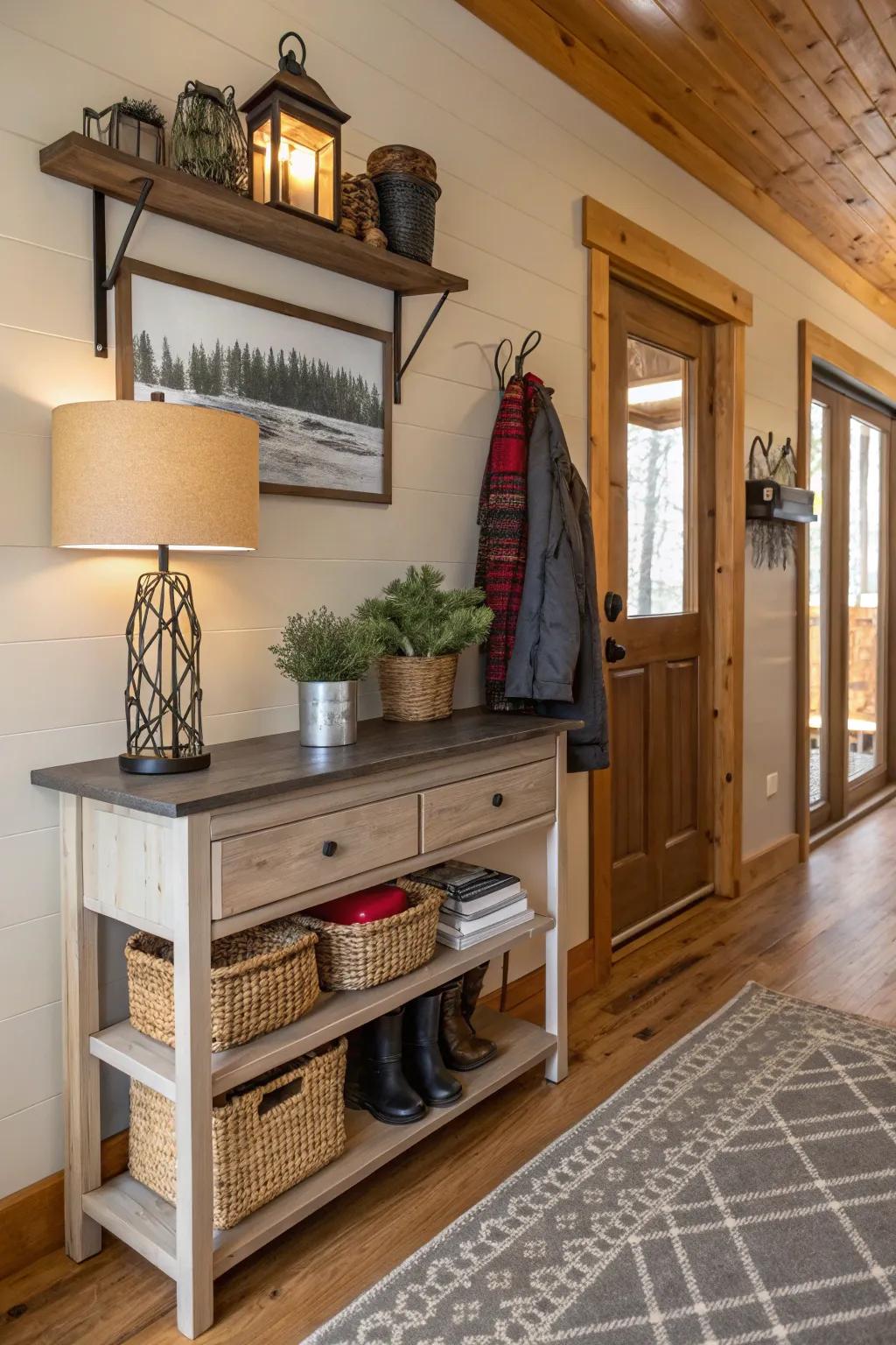 Cabin entryway presenting practical and stylish decor.