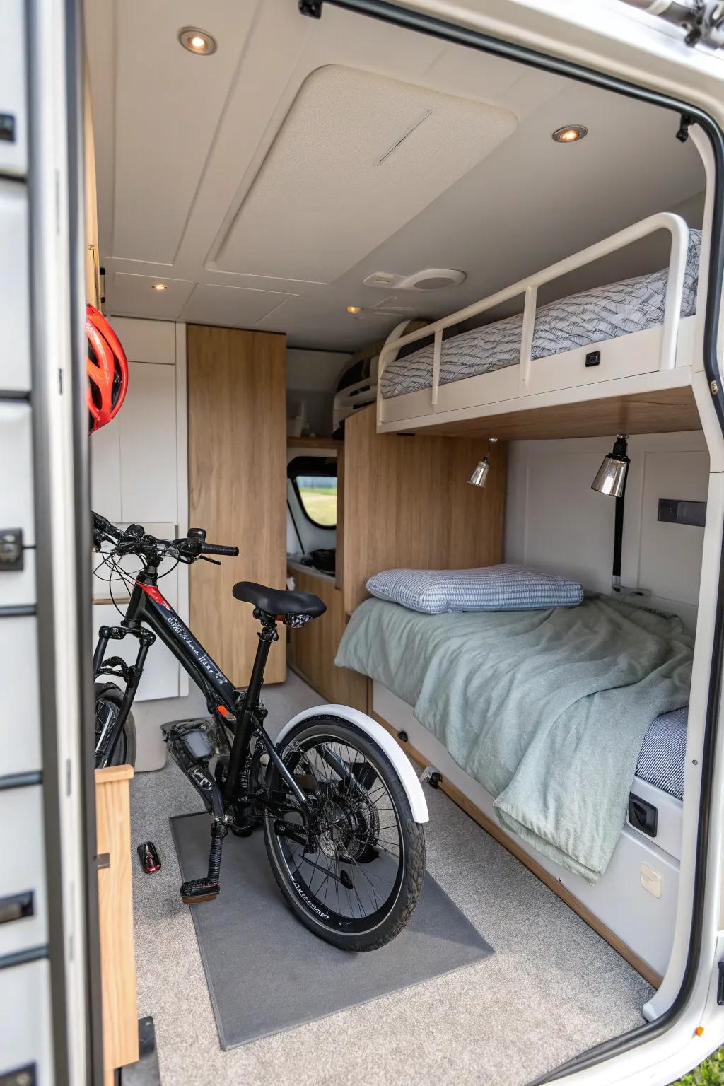A foldable bike inside a camper provides mobility without occupying floor space.