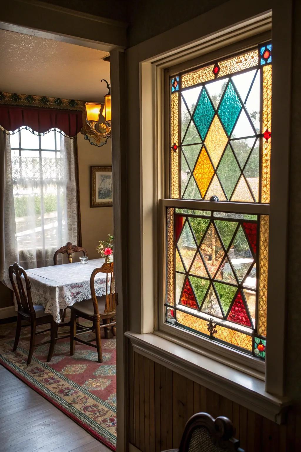 Colored panes provide artistic flair and colorful charm.