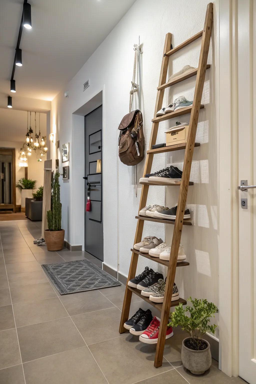 Ladder displays offer vertical shoe storage.