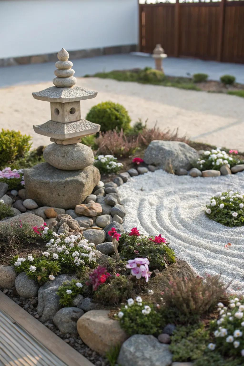 A tranquil, petite flower bed showcasing minimalist Zen garden elements.