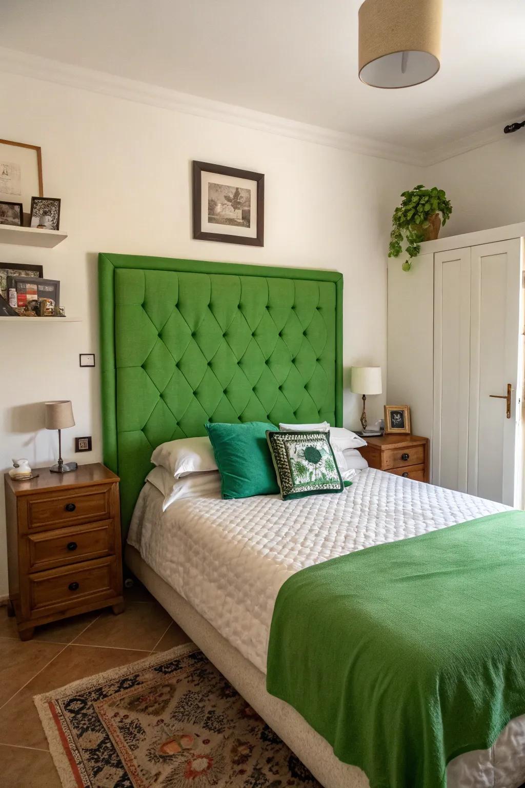 A green headboard delivers a striking focal point.