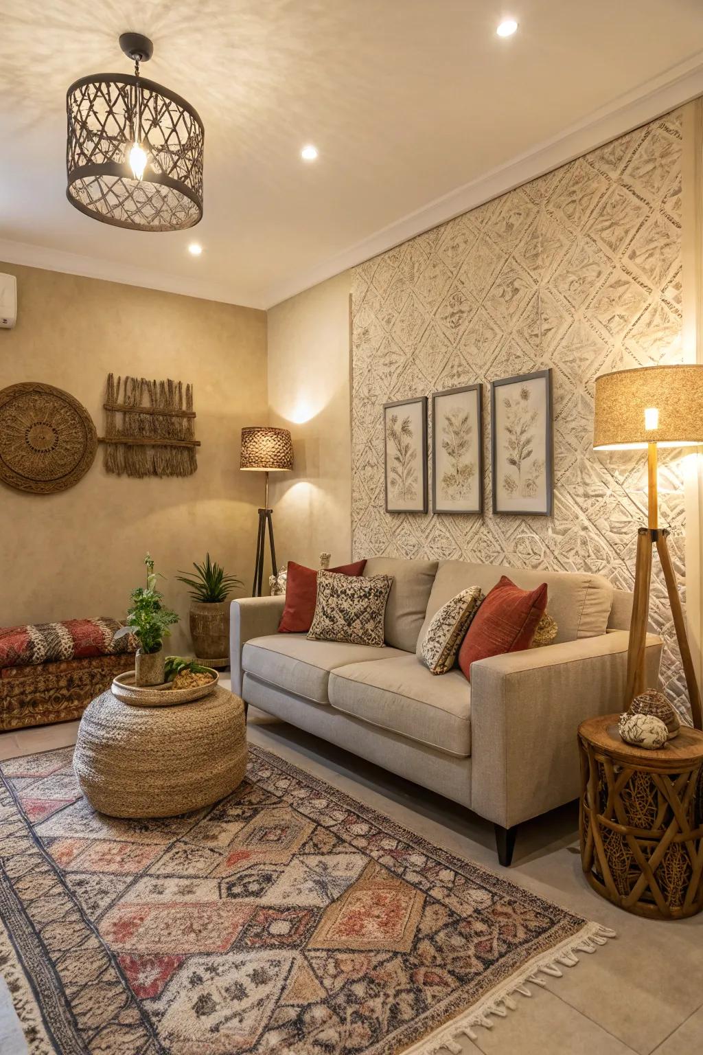A small living room with matte walls for a textured feel.