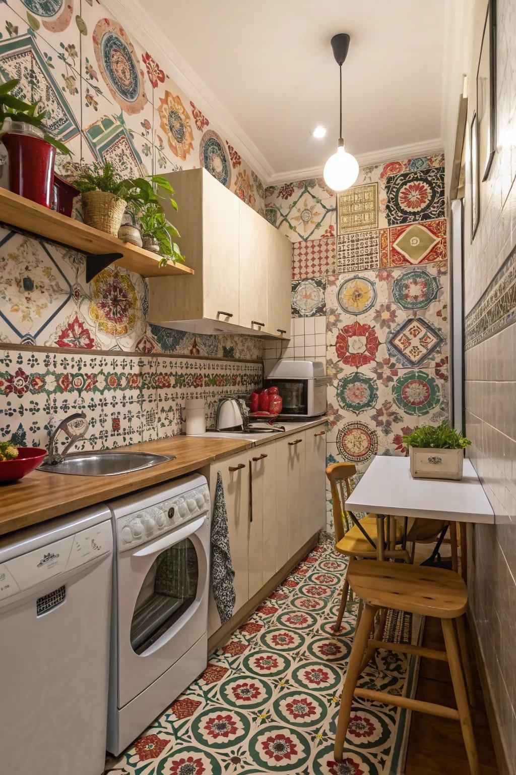 Bold patterns inject personality into small kitchens.
