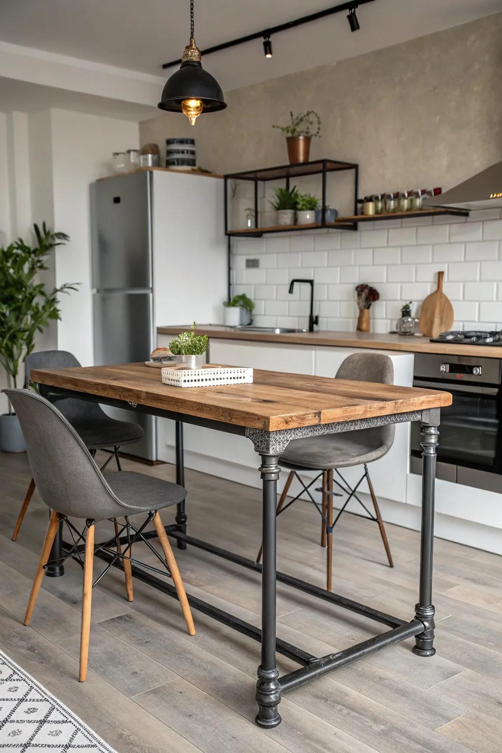 An industrial-style table adding modern flair to a small kitchen.