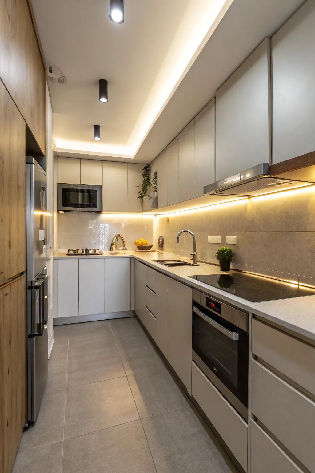 Lower cabinet illumination brightening compact kitchen workspaces.