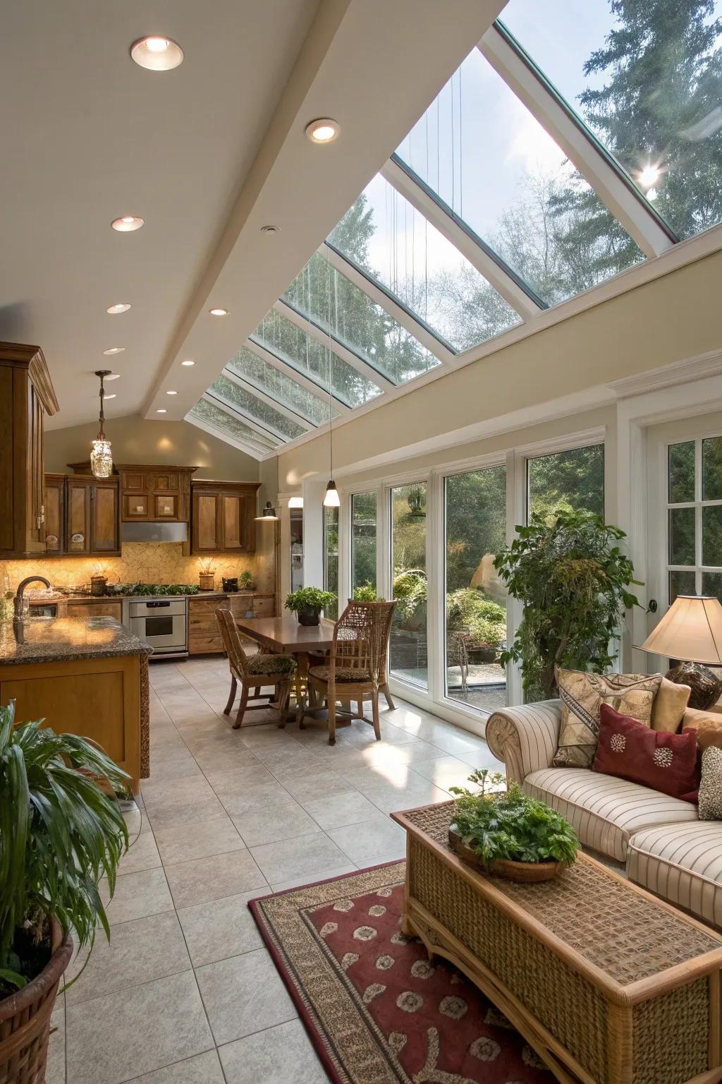 Overhead windows enhance the sunroom's natural light.