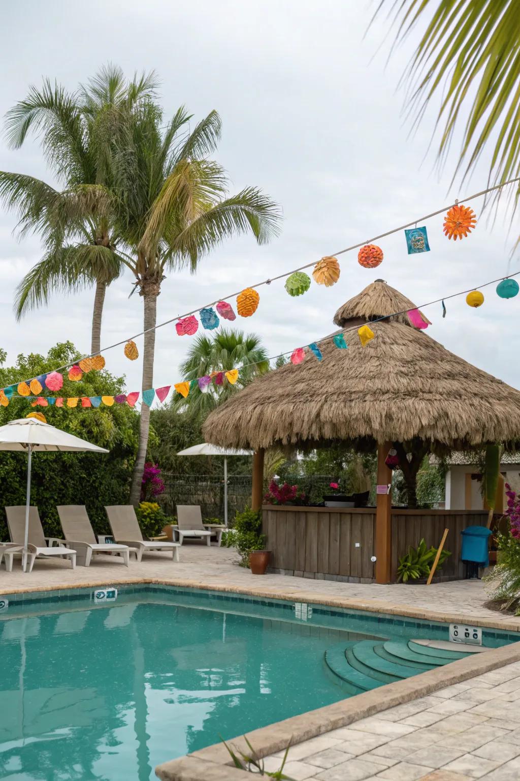 A tiki shelter or cabana appends a festive and shaded sanctuary within your tropical oasis.