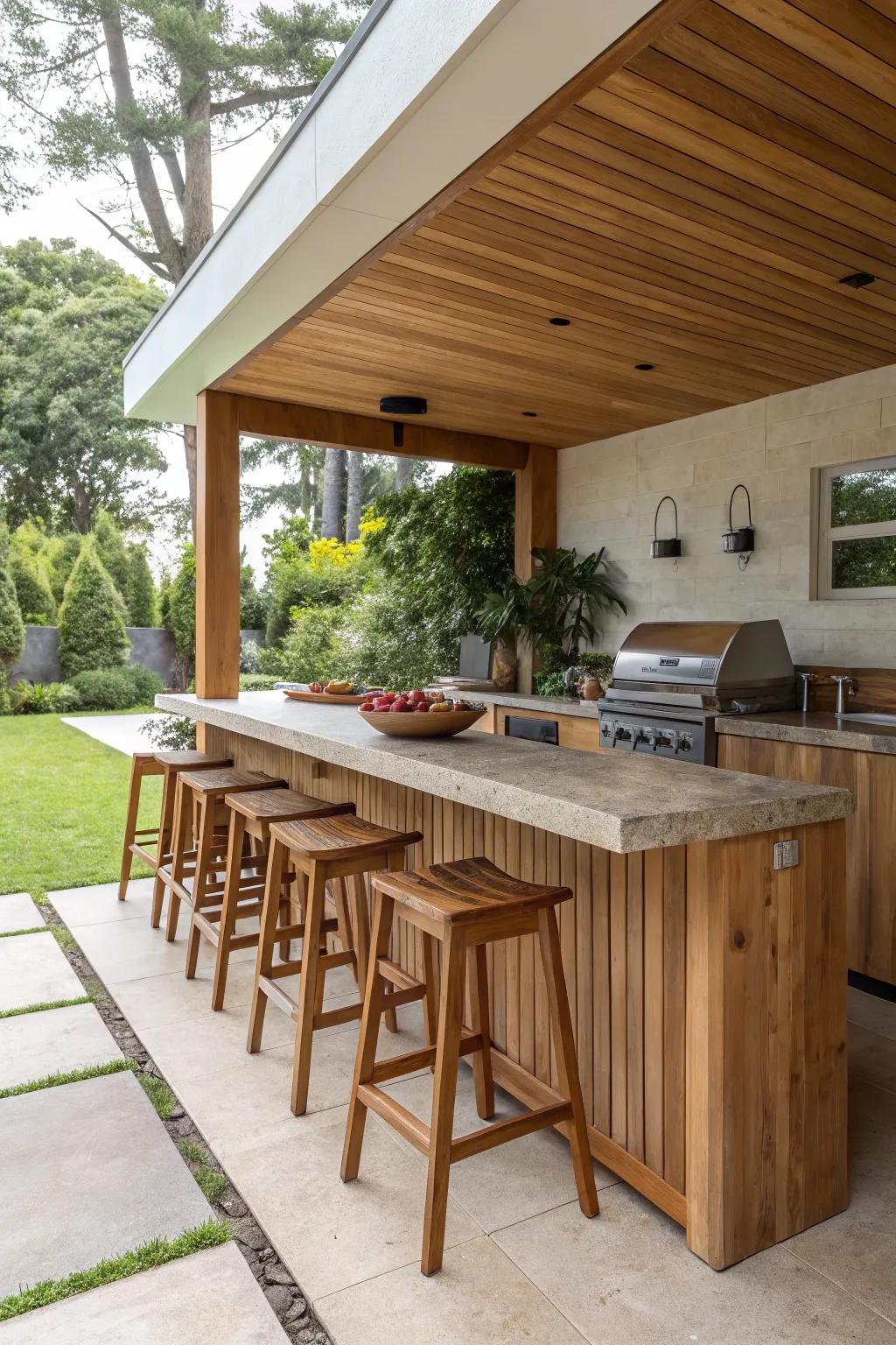 A comfortable bar zone with stools encourages relaxation and socializing in this outdoor kitchen.