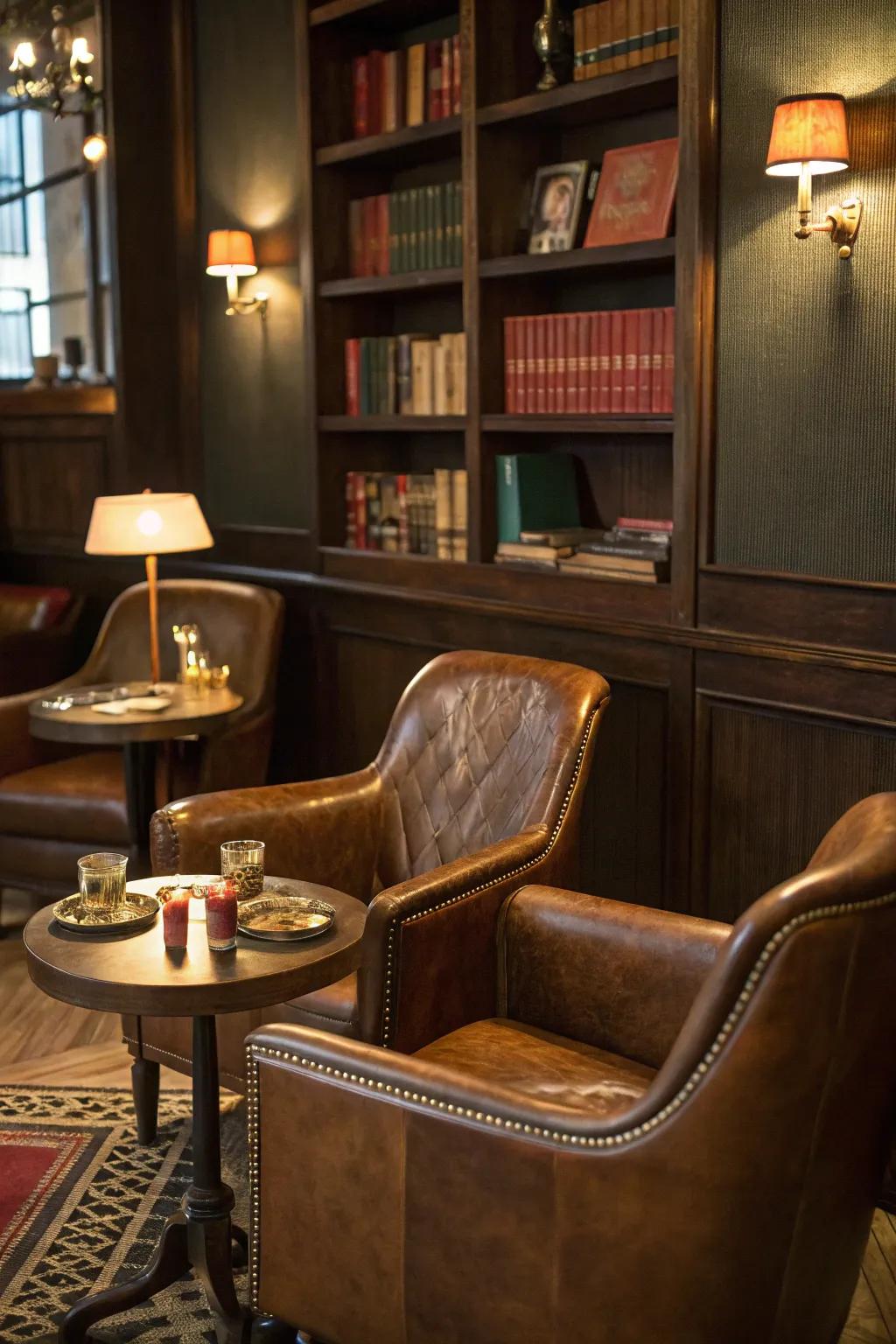 A cigar lounge corner evokes the indulgent spirit of a classic speakeasy.