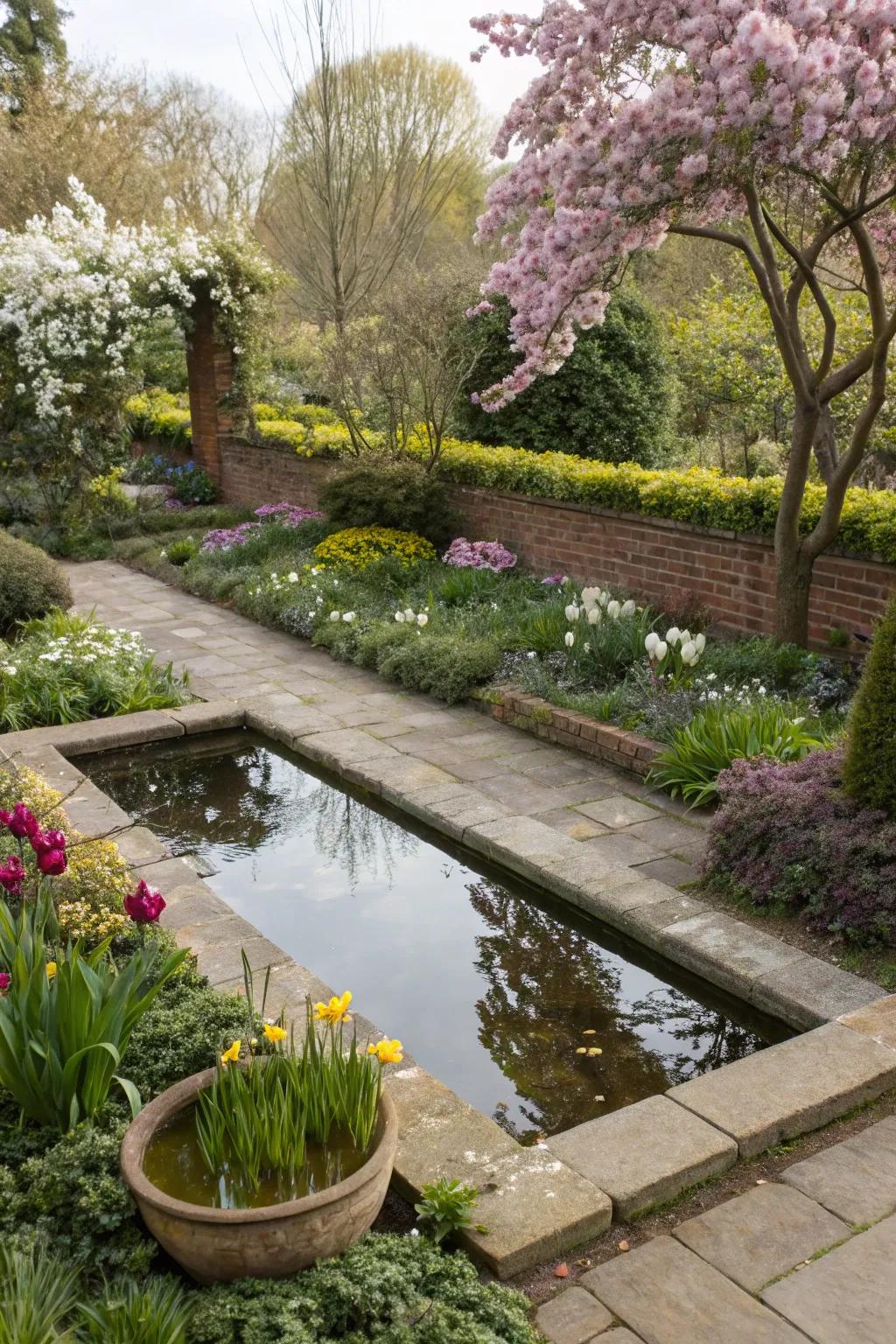A reflective water display introduces tranquility to garden borders.