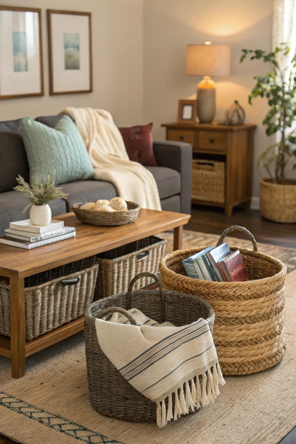 Woven hampers proffer chic stowing that complements spring decor.
