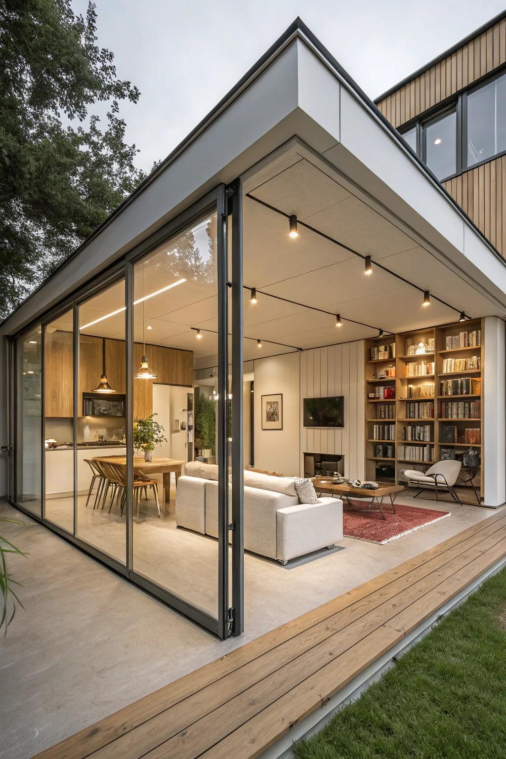 Adaptable design components render a square-shaped home versatile.