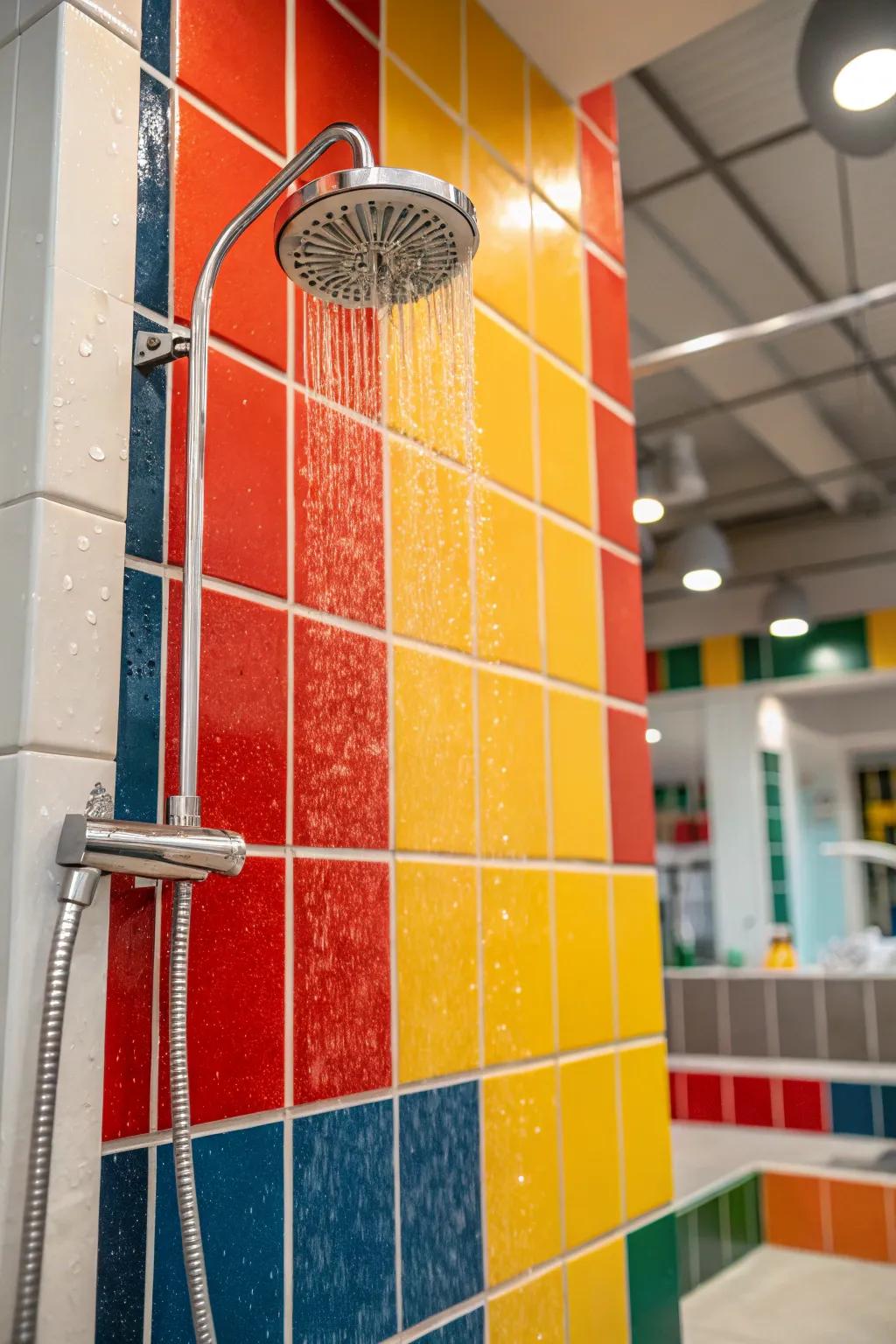 Striking colors transform a standup shower into a captivating focal point.