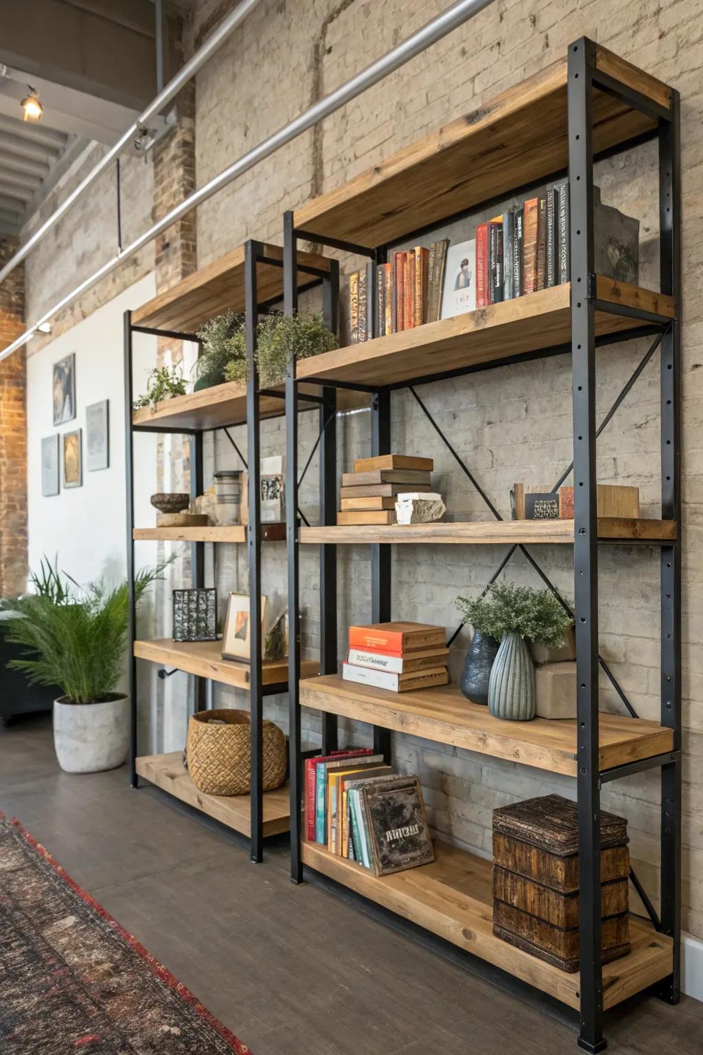 Industrial shelving unifies practicality with steampunk panache.