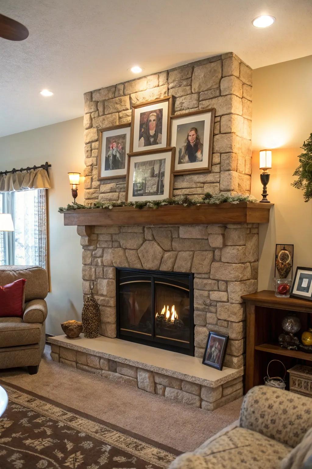A personalized area showcasing a stone fireplace and family photos contributing a bespoke inflection.
