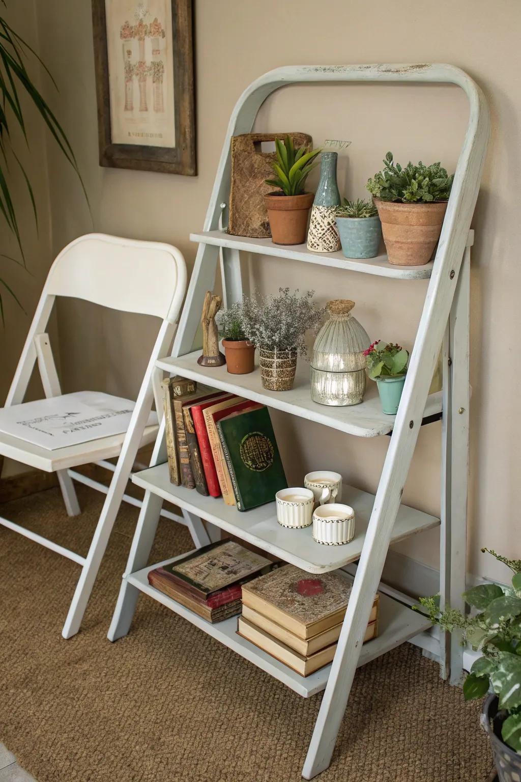 Give folding chairs a new purpose as a one-of-a-kind wall shelf.