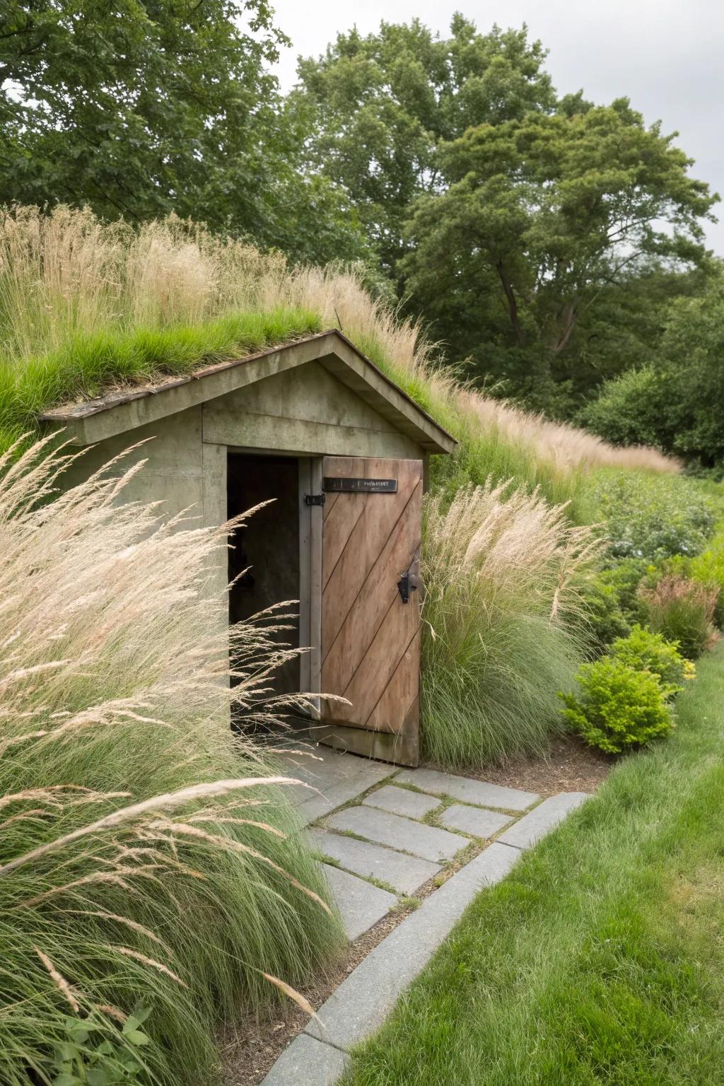Local grasses provide movement and eco-friendly beauty around the shelter.