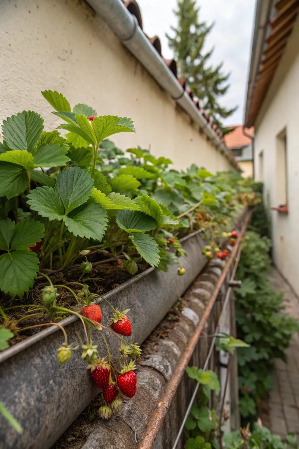 Reclaimed rain conduits ingeniously employed for strawberry planting.