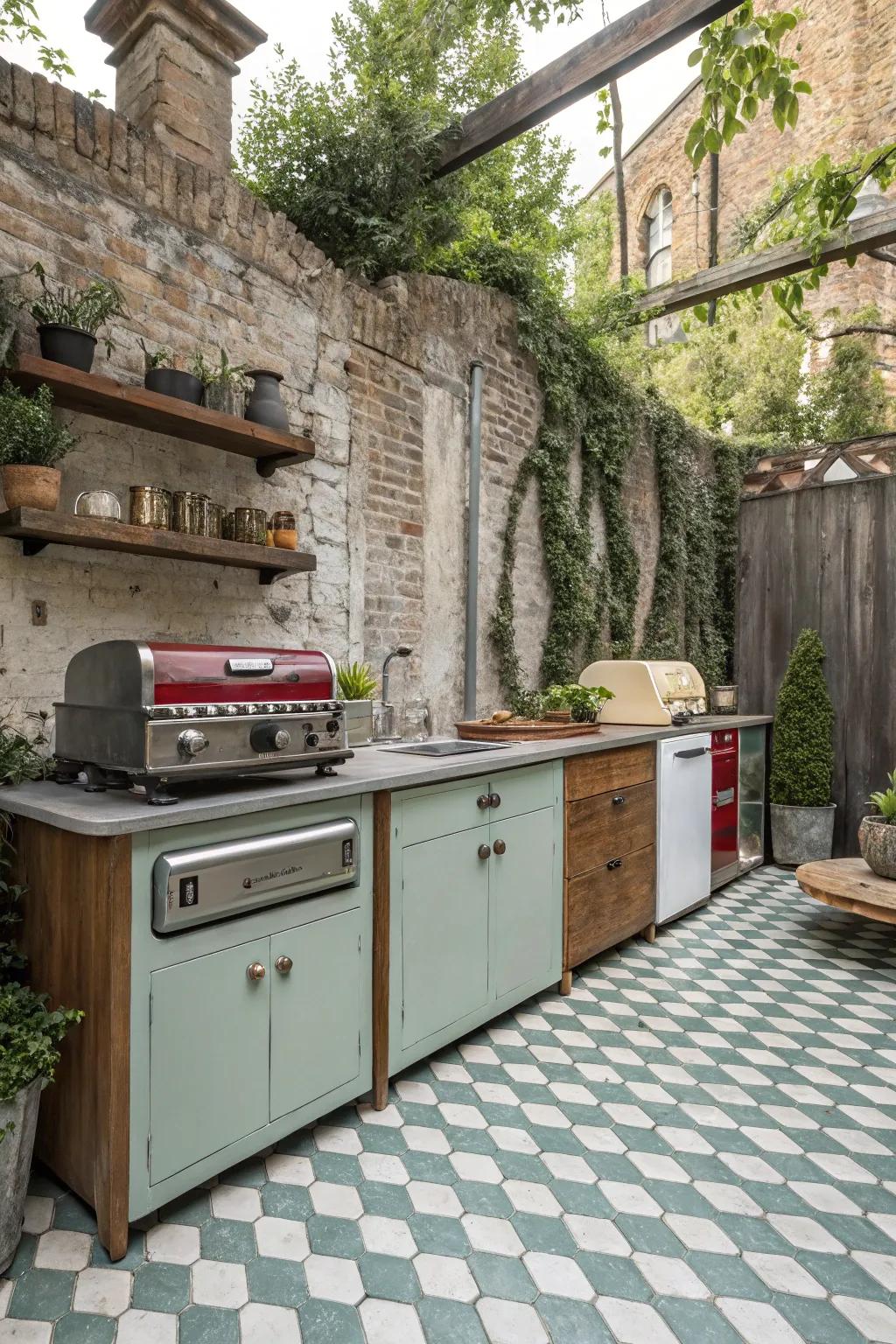 Retro-inspired elements bring nostalgia to the outdoor kitchen.
