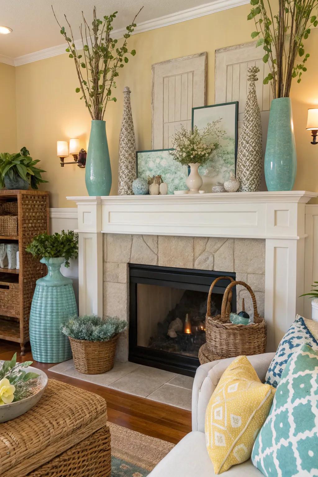 A skillful interplay of proportional relationships engenders a dynamic and visually intriguing mantel presentation.