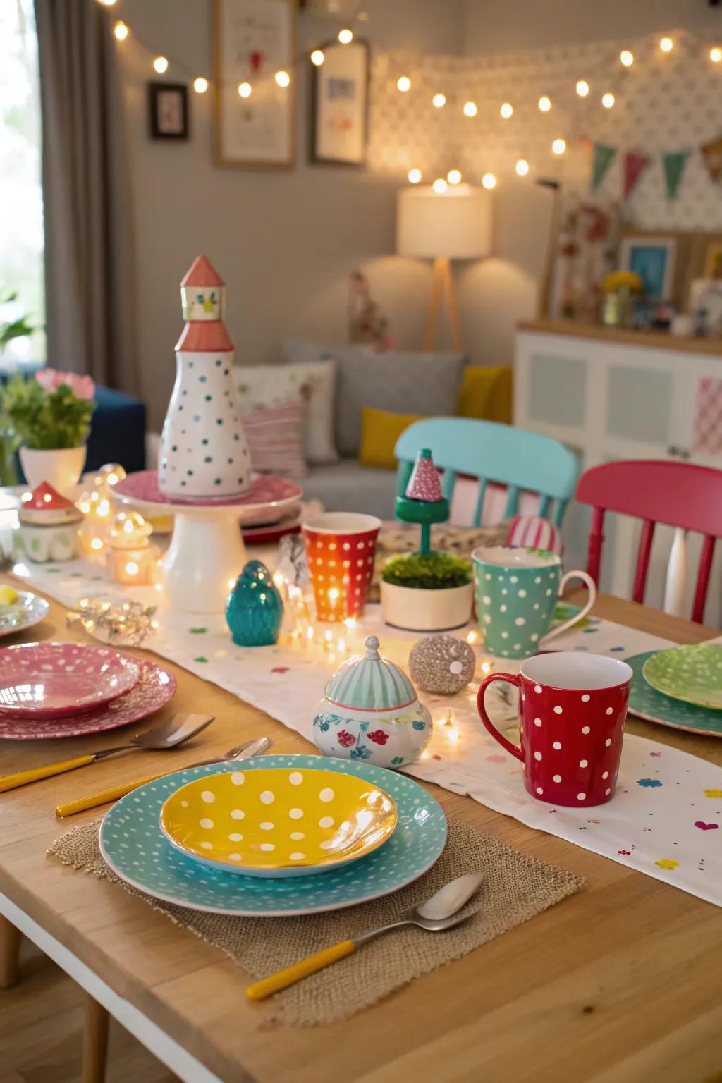 A whimsical table arrangement featuring mismatched china and quirky elements.