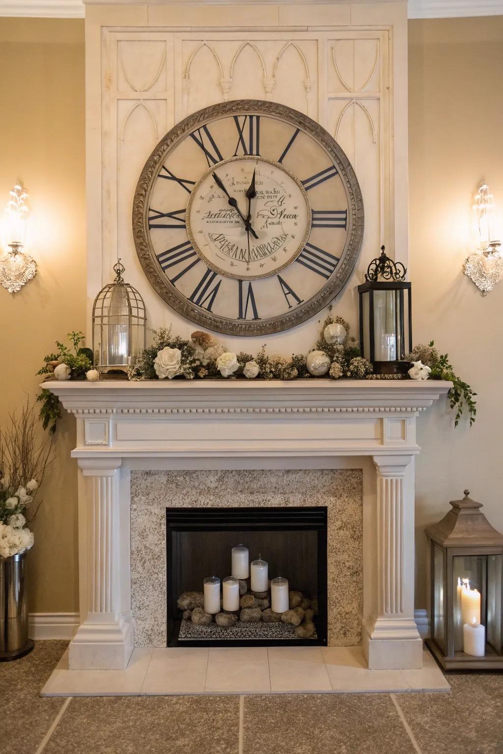 An elevated mantel featuring a statement timepiece for both elegance and utility.