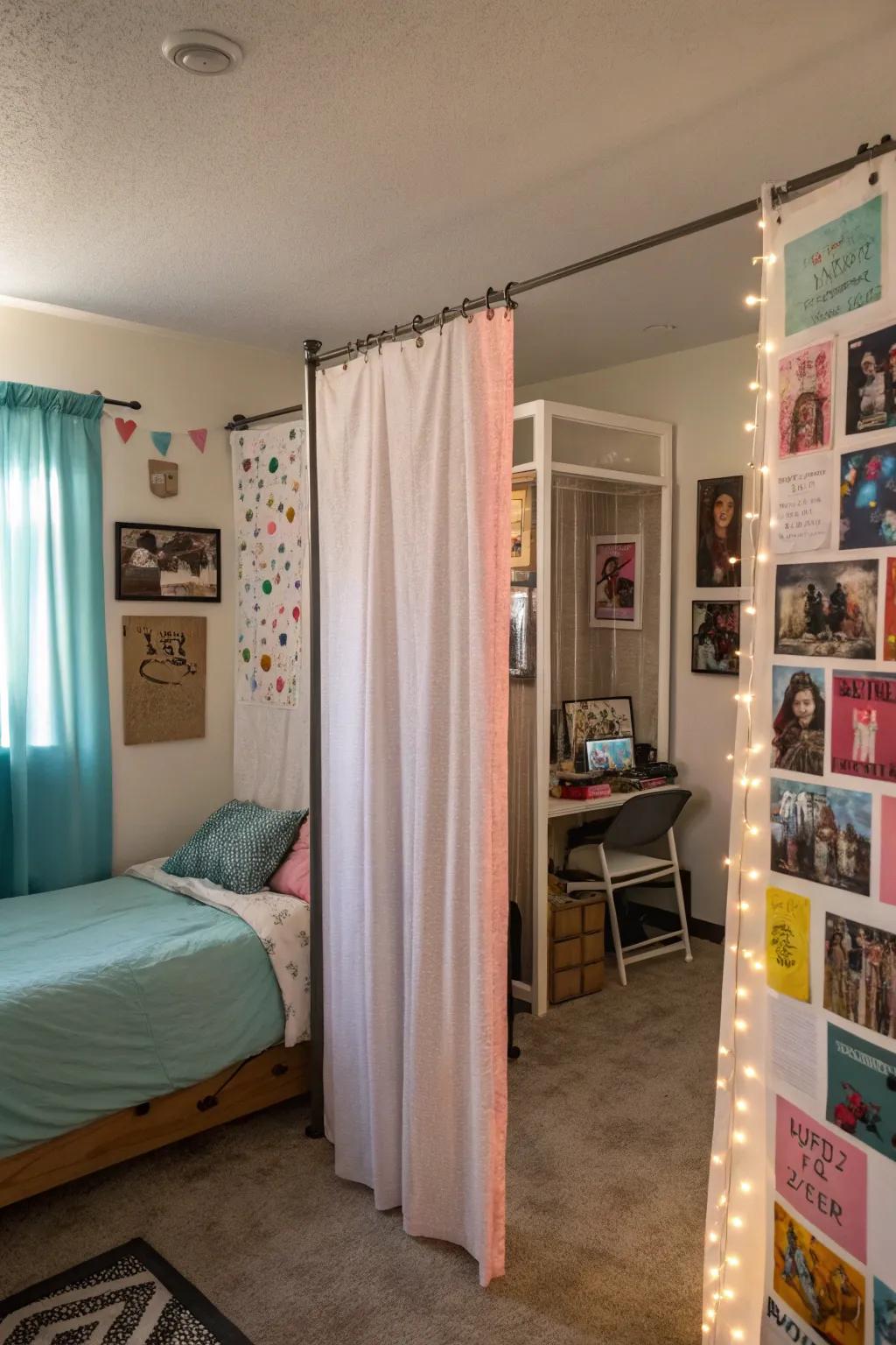 Curtains and dividers create a private retreat within the room.