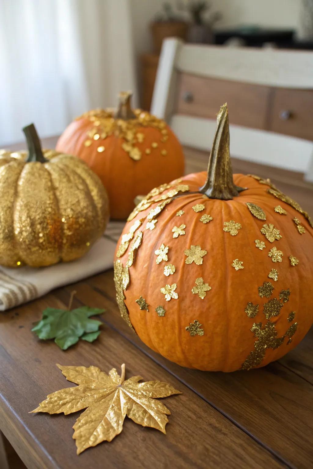 Opulent gilt leaf pumpkins for a refined sparkle.