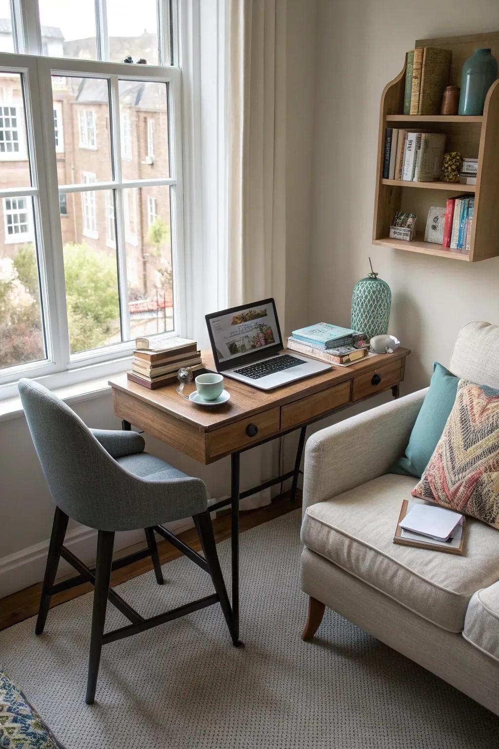 A compact workspace integrates functionality into the family room.