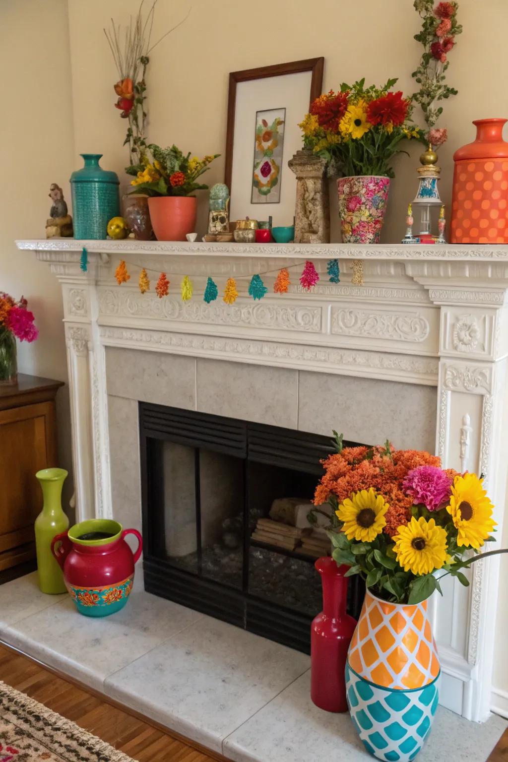 Unforeseen hue pops contribute a playful element to the mantel.