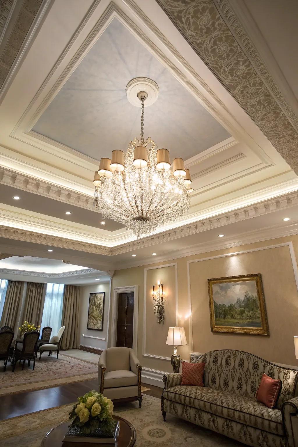 A sophisticated room showcases a tray ceiling adorned with layered cornice molding.