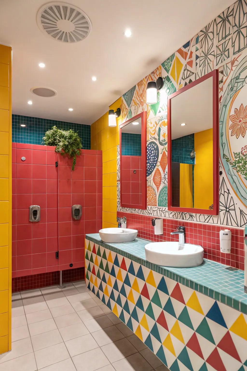 Striking shade highlights create a vibrant and lively bathroom environment.