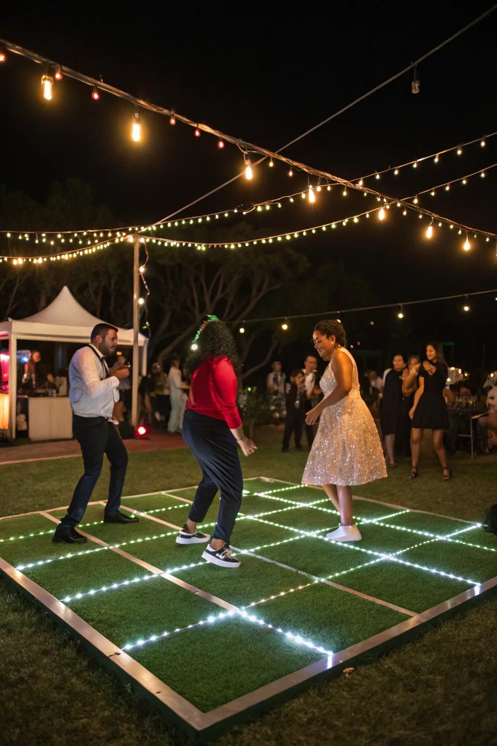 A whimsical promenade upon synthetic lawn for revelries.