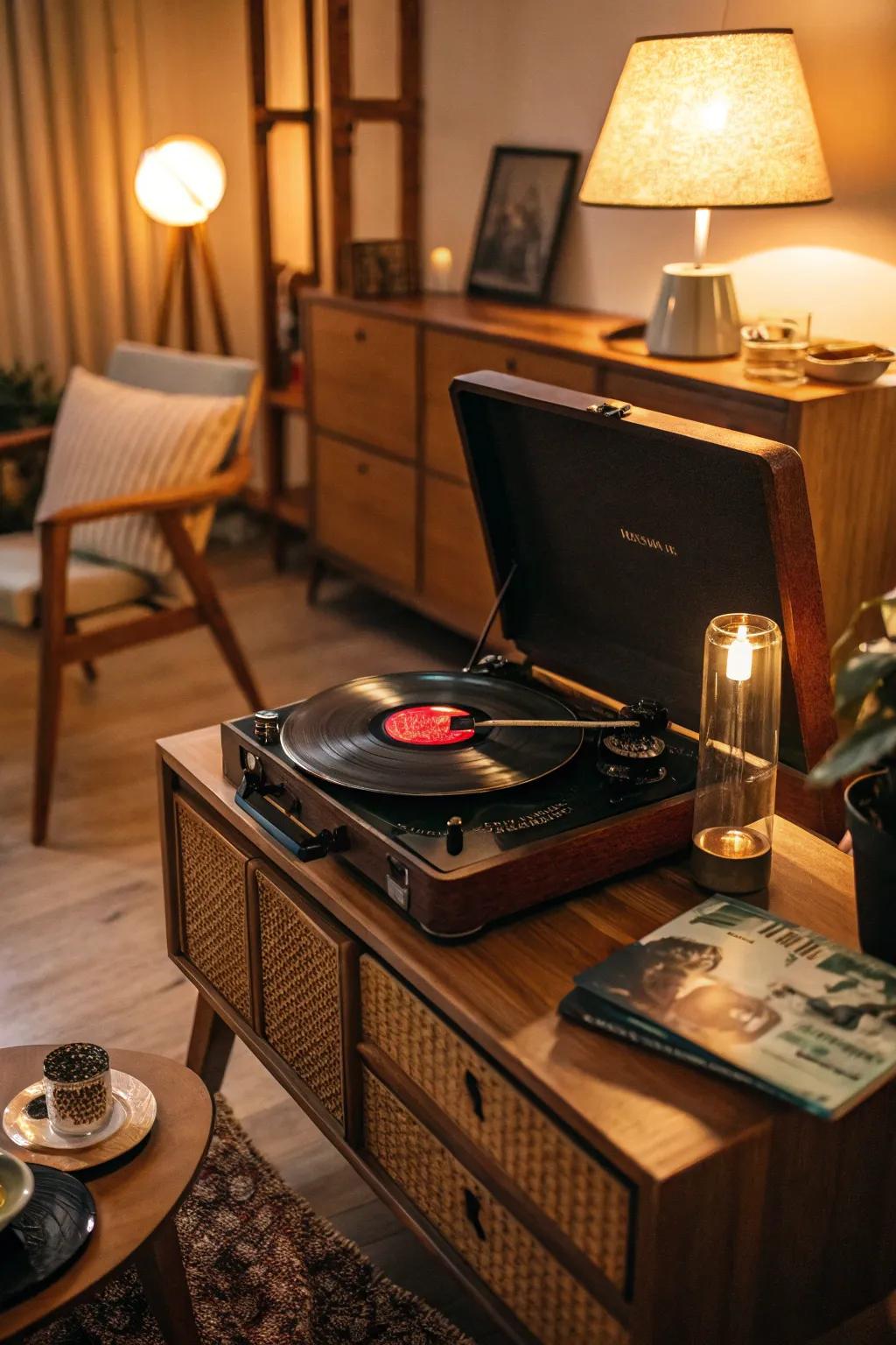 Vintage-inspired lighting adding charm to a turntable area.