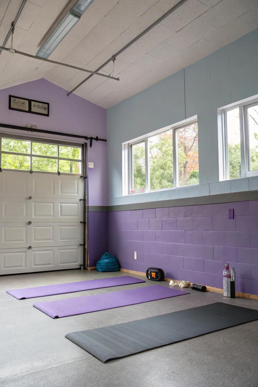 Lavender and grey for a soothing, unique garage environment.