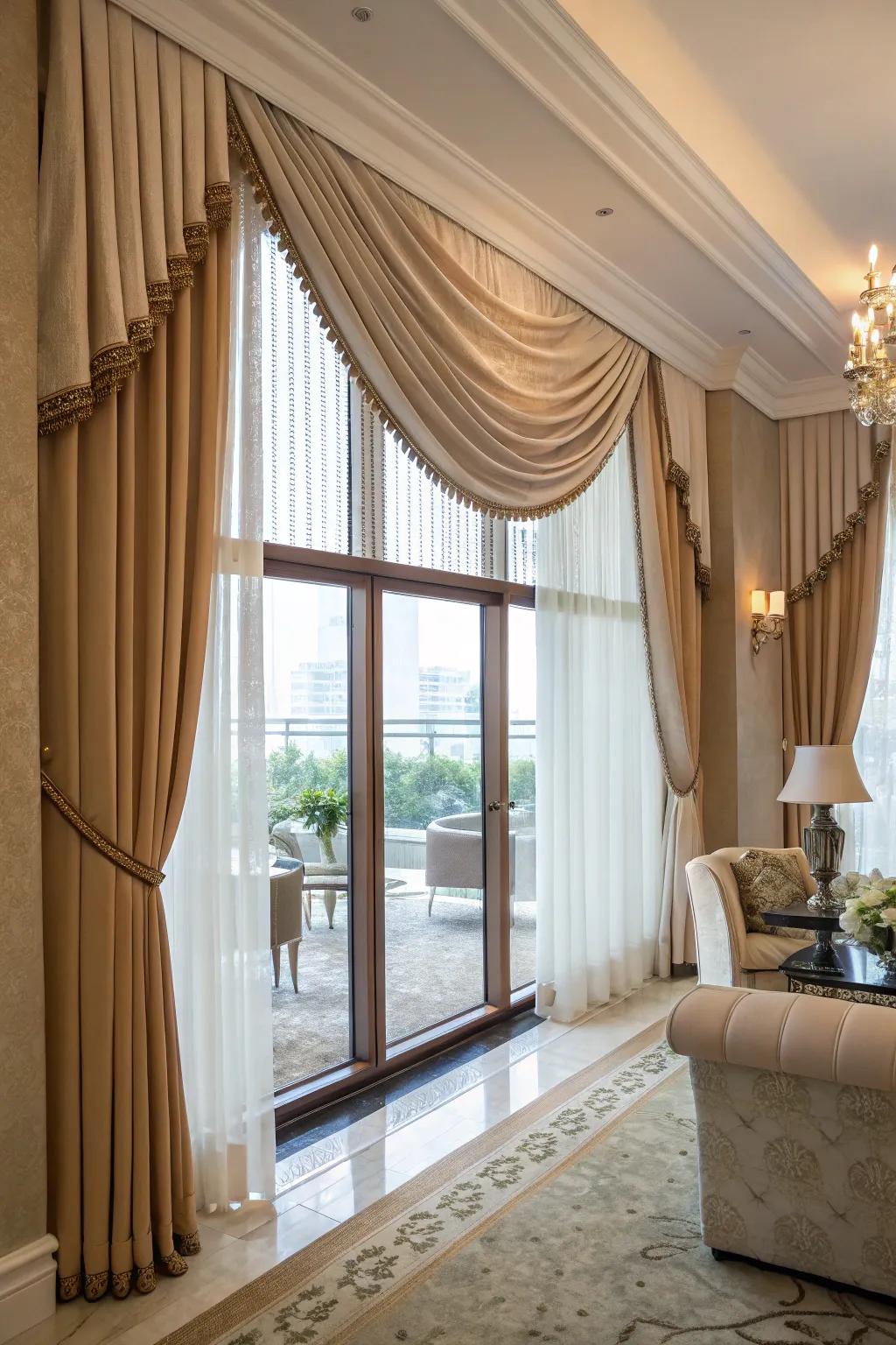 A window exhibiting a superimposed material valance within an elegant living space.