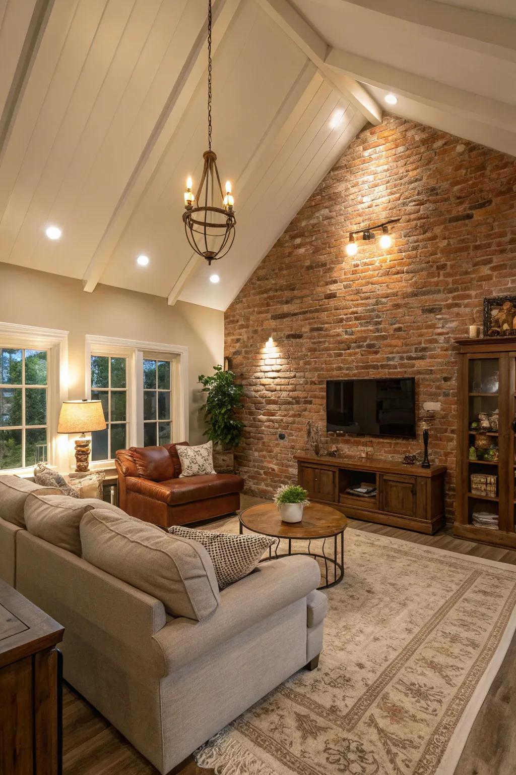 Living room featuring a vaulted ceiling and an uncovered blockwork accent wall