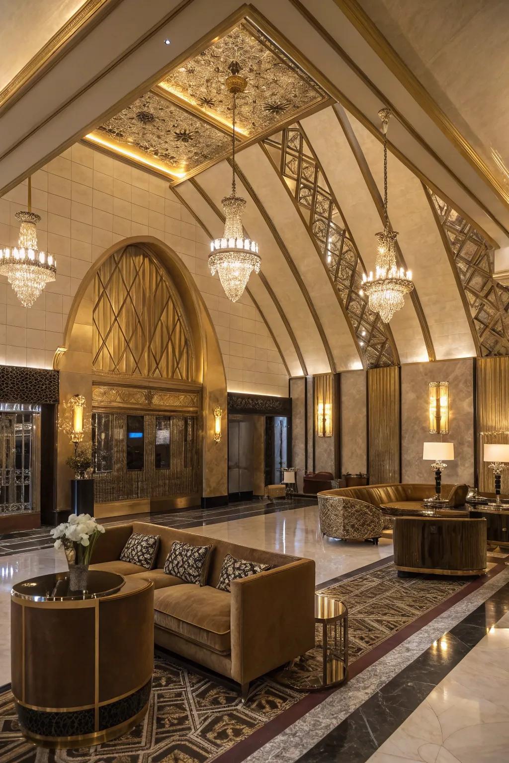 An Art Deco mood accomplished with Angled Supports against a vaulted ceiling.