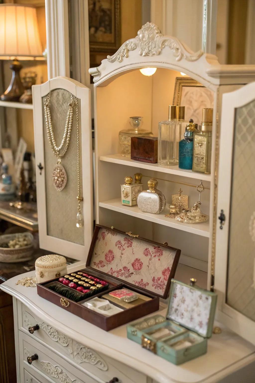 Open racking exhibits collections and complements antique dressing tables.