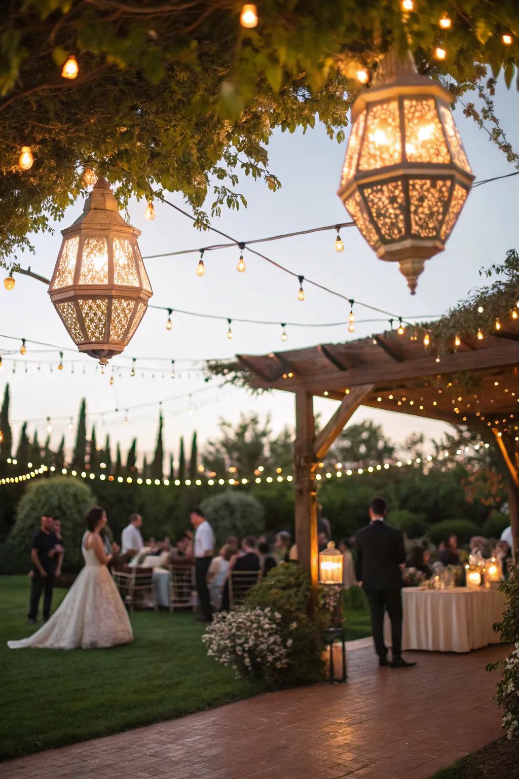 Heritage lamps casting a warm glow at an outdoor wedding.