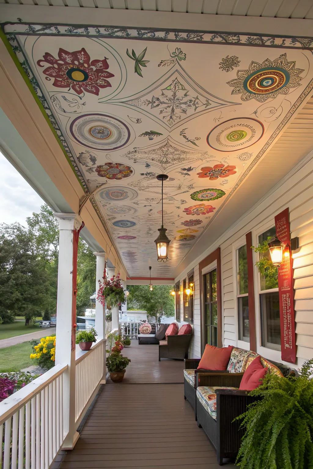 Integrated art upon vinyl ceilings converts your porch into an outdoor gallery.