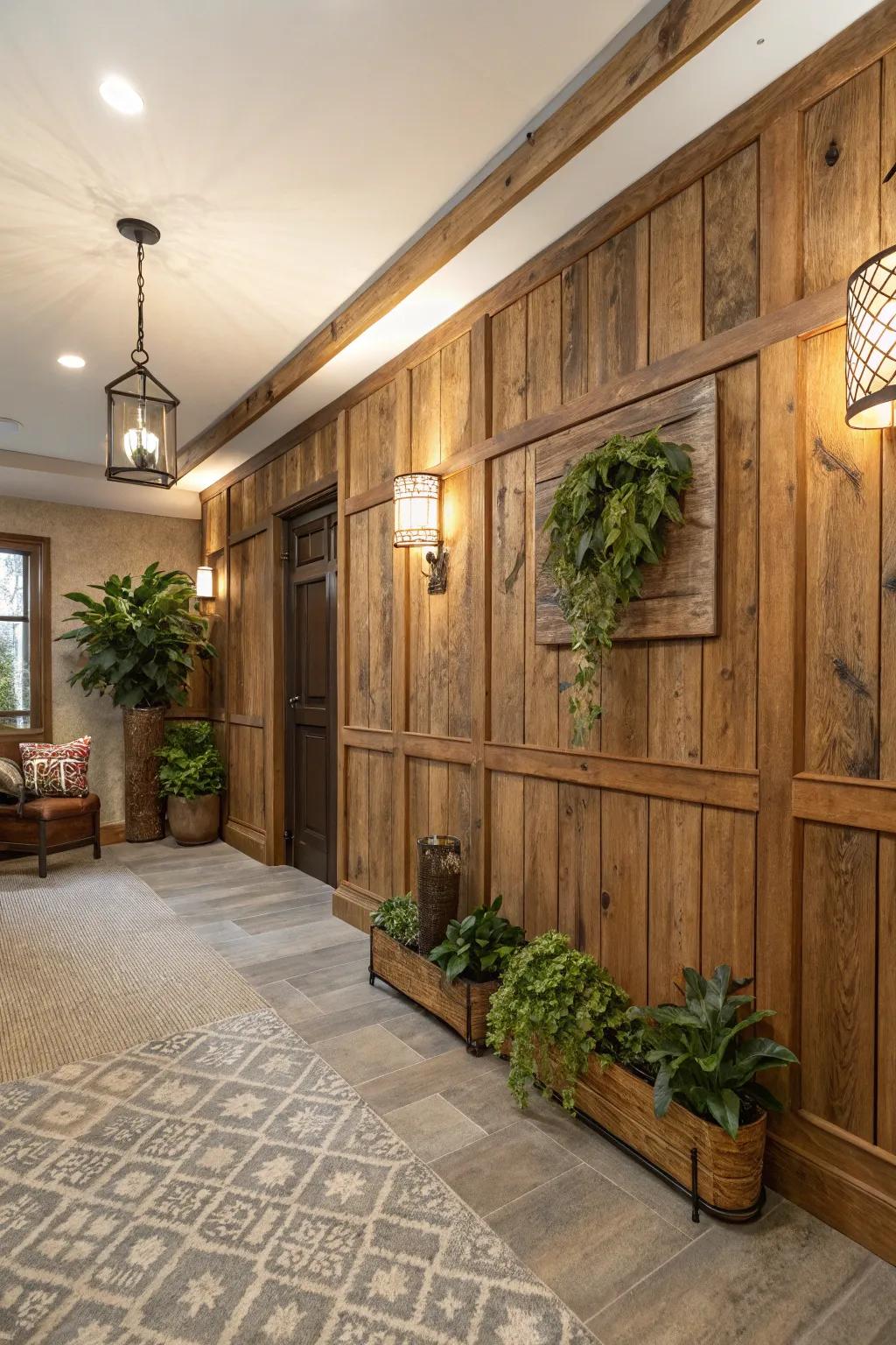 A chamber featuring eco-conscious salvaged timber paneling.