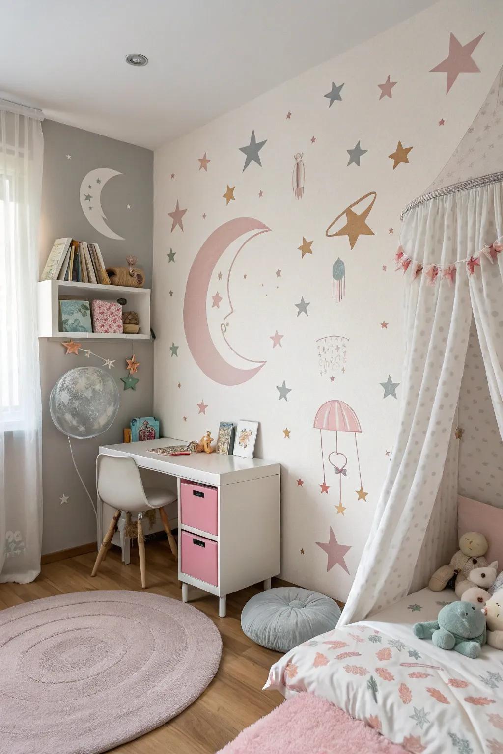 Inventive stencils fashion a dreamy ambiance in a child's area.